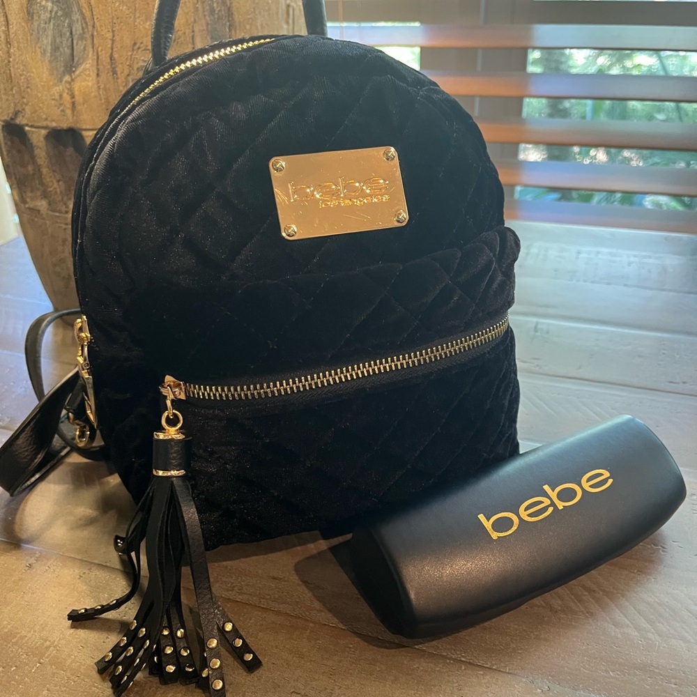 bebe Black Quilted Velvet Mini Backpack with Gold Hardware - Picture 4 of 10